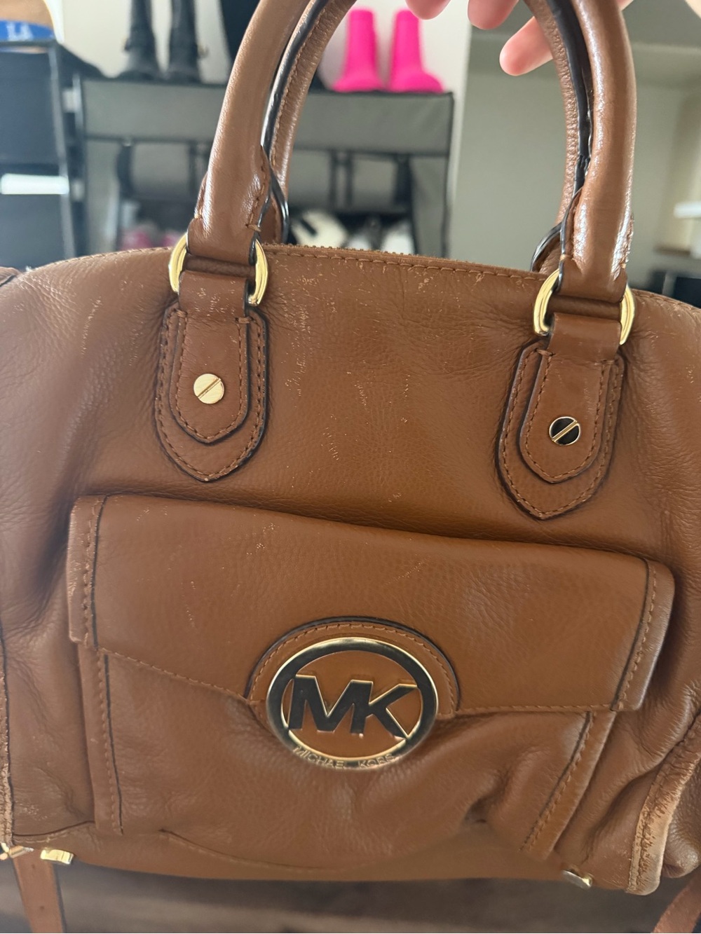 Michael Kors Brown Leather Satchel with Gold MK Emblem